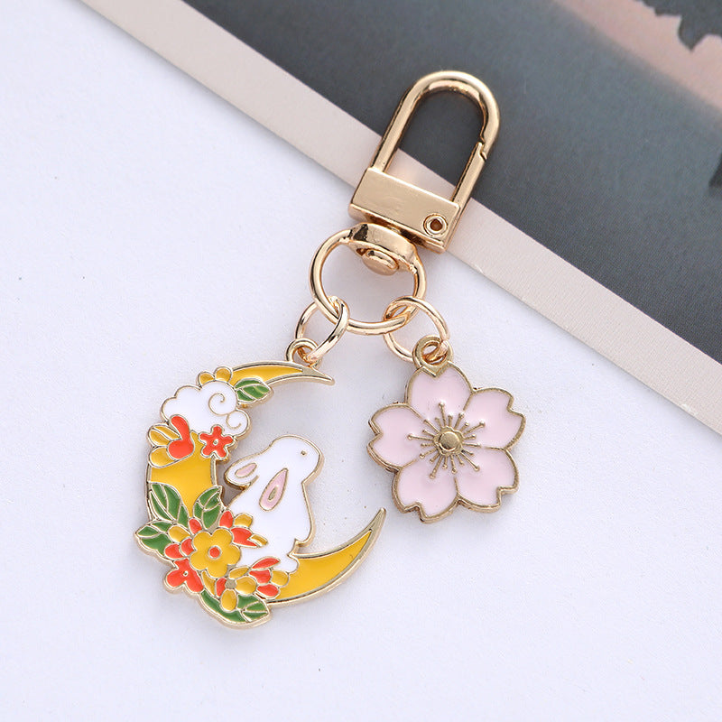 Metal Rose Rabbit Moon Wreath Keychain with Pastel Flower Charm 6