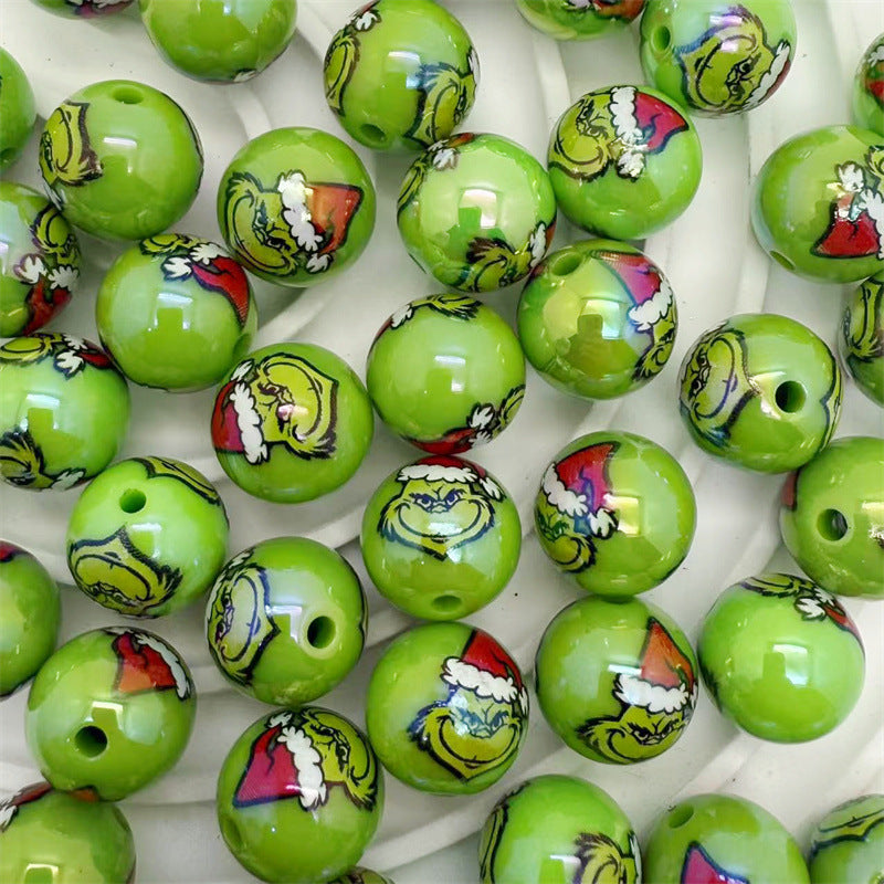 UV Plating Round Acrylic Beads 16mm Christmas Grinch 100pcs 5