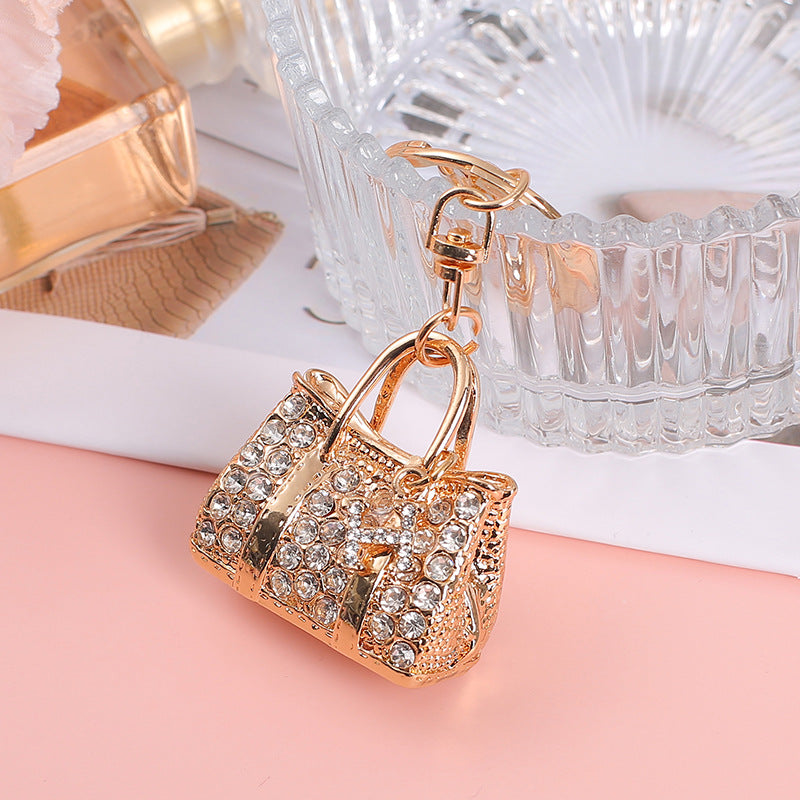 Rhinestone Mini Handbag Metal Keychain Gold Finish Colorful Gems 4