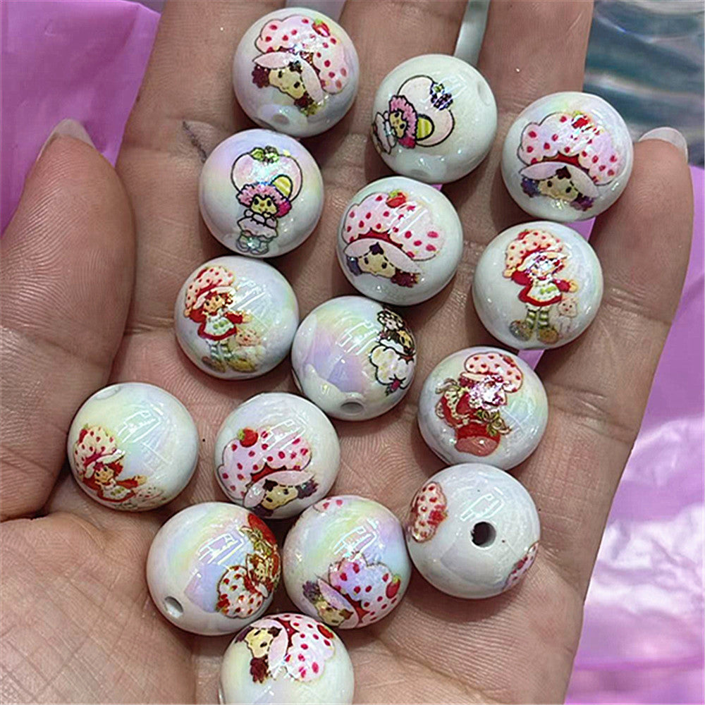 Plating Round Acrylic Beads 16mm Strawberry Girl Design 100pcs 4