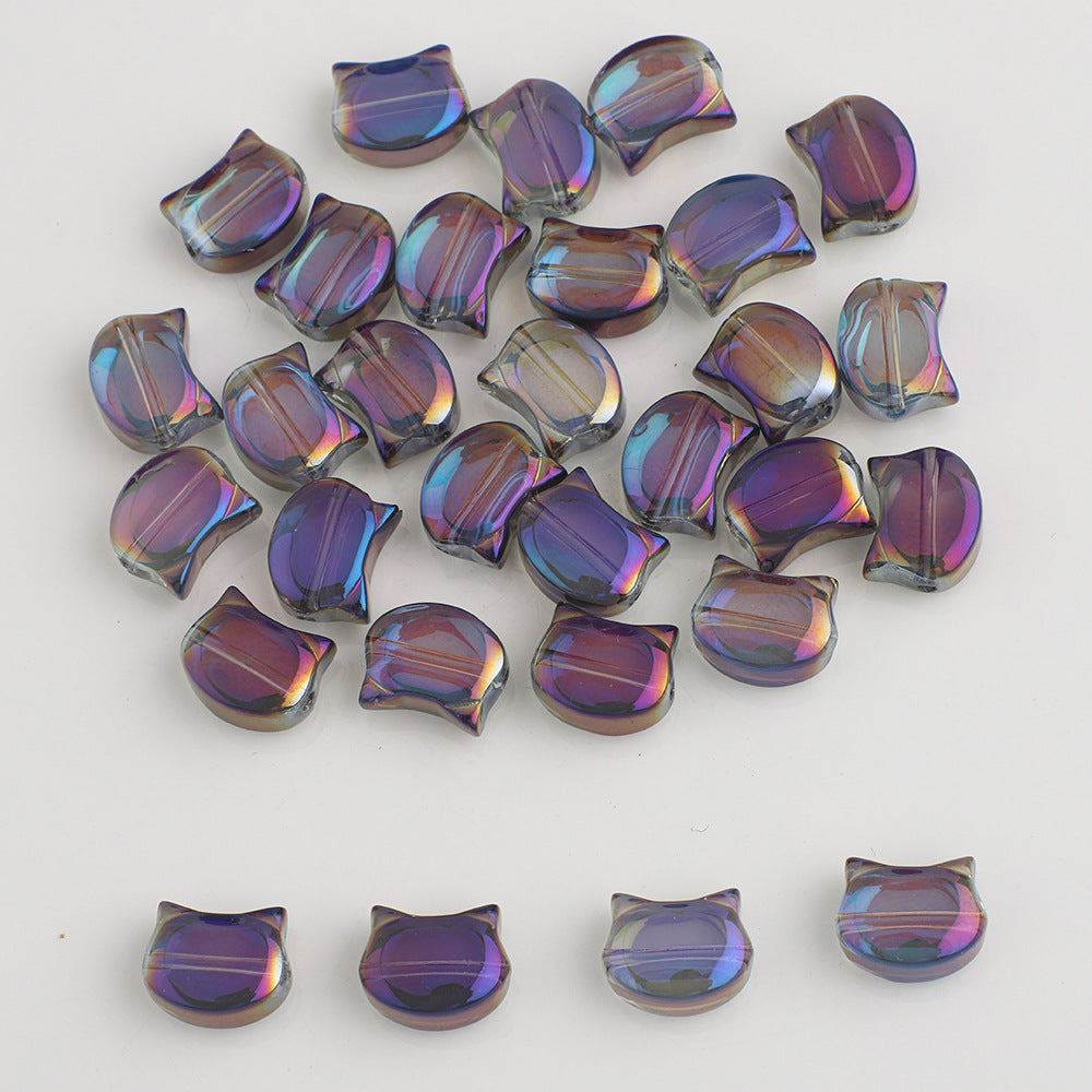 Plating Flat Cat Head Glass Beads 8mm x 10mm Iridescent Colors 30pcs 13