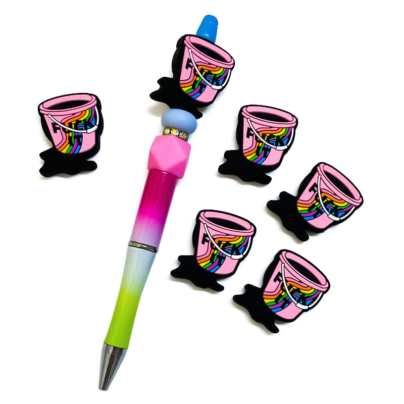 Silicone Focal Beads Handheld Bucket With Rainbow and Silver Handle 20pcs 3