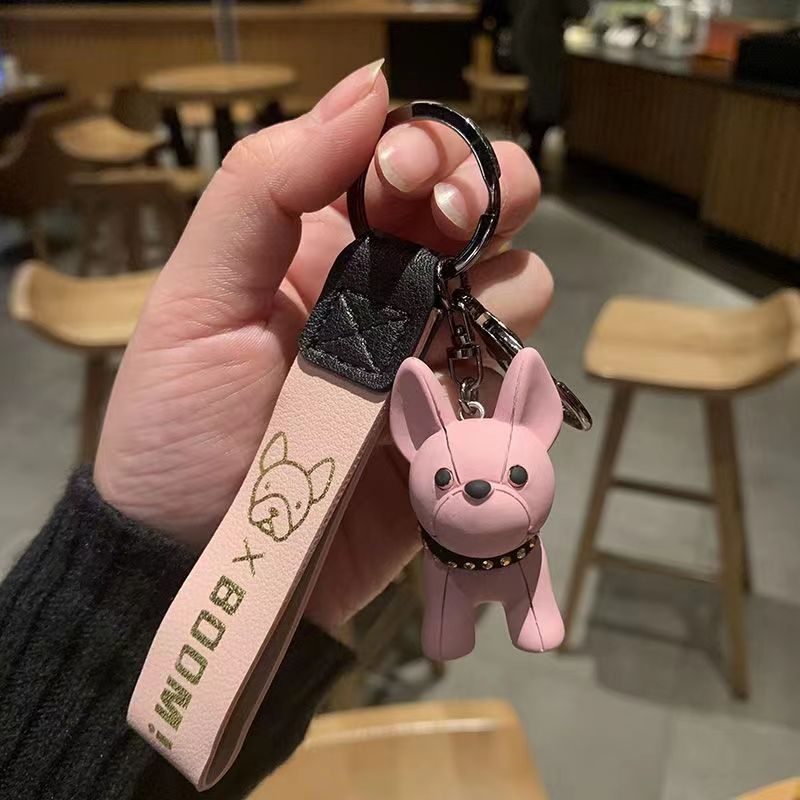 Bulldog Puppy Keychain Resin with Studded Collar and Leather Strap 7