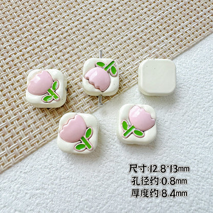 Tulip Square Heart Metal Beads 12mm Glossy Enamel Alloy 10pcs 3