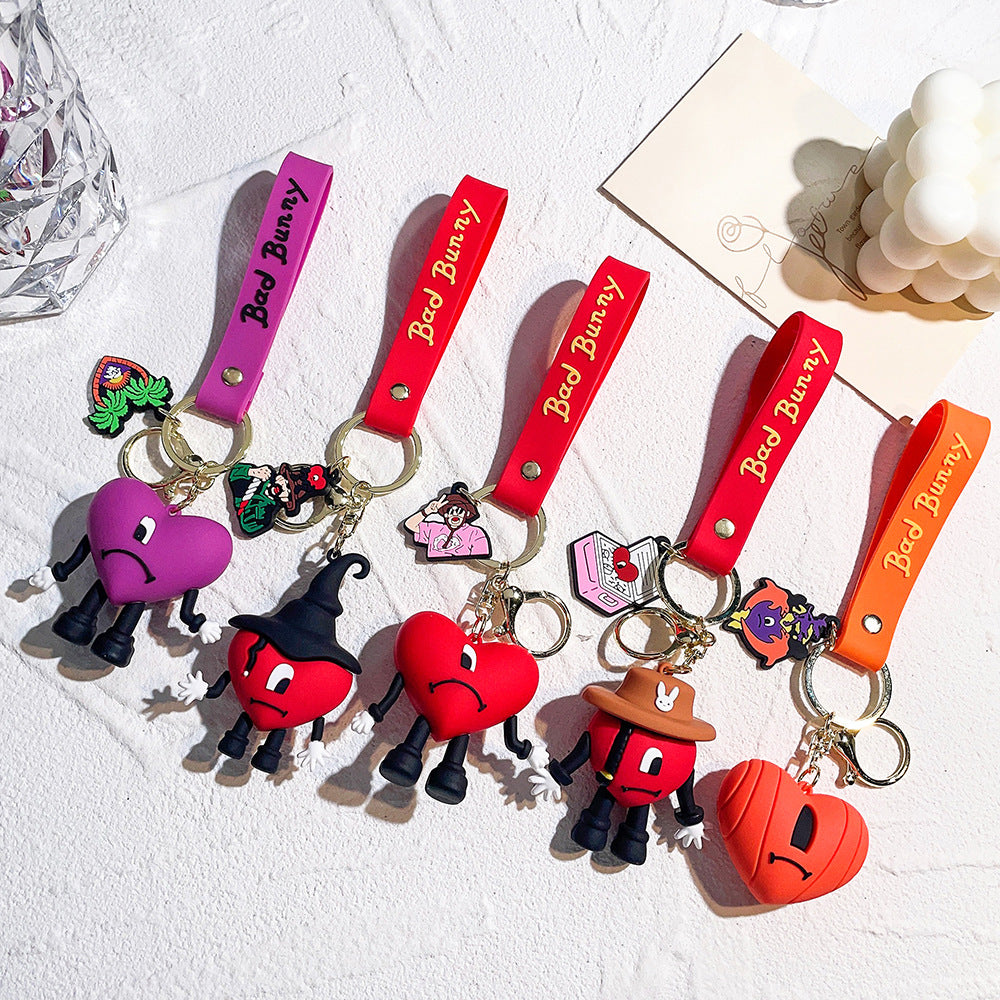 Soft Rubber Bad Bunny Keychain Colorful Heart Character Charm