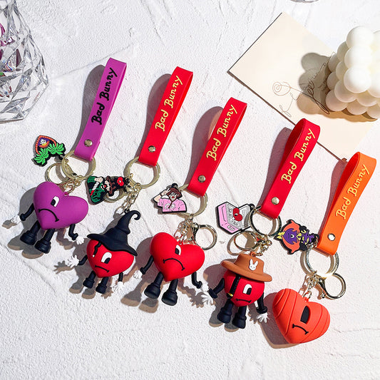Soft Rubber Bad Bunny Keychain Colorful Heart Character Charm