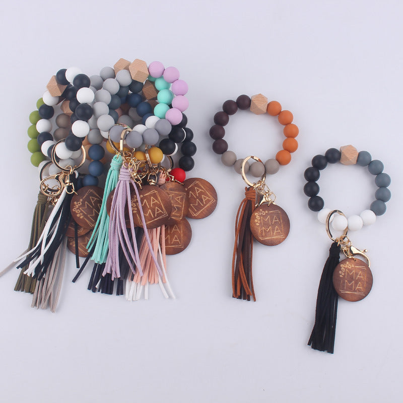 Silicone Bead Wristlet Keychain with Wood Tag and Leather Tassel MAMA