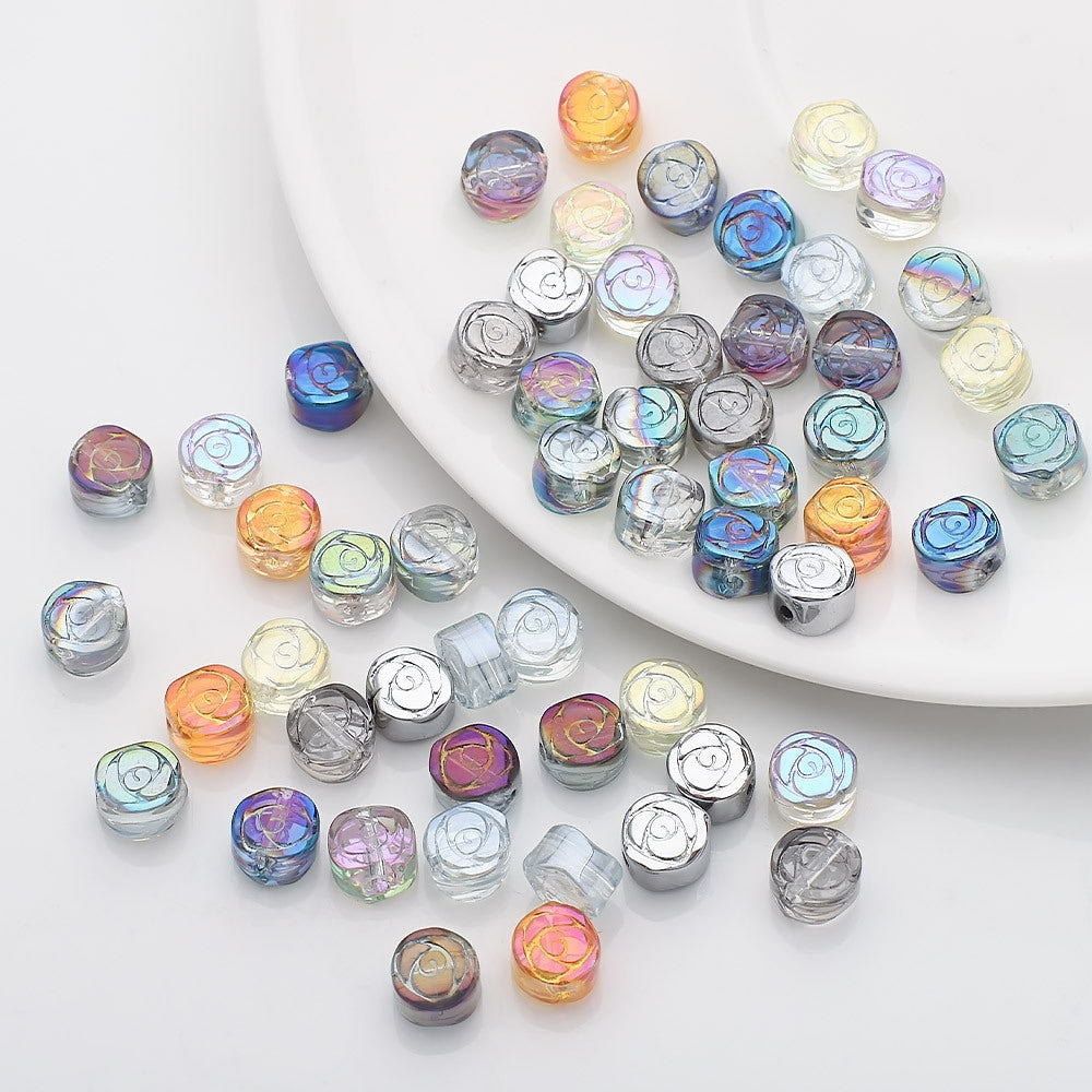 Flat Rose Glass Beads 6mm Iridescent Plating Floral Cube 50pcs 2