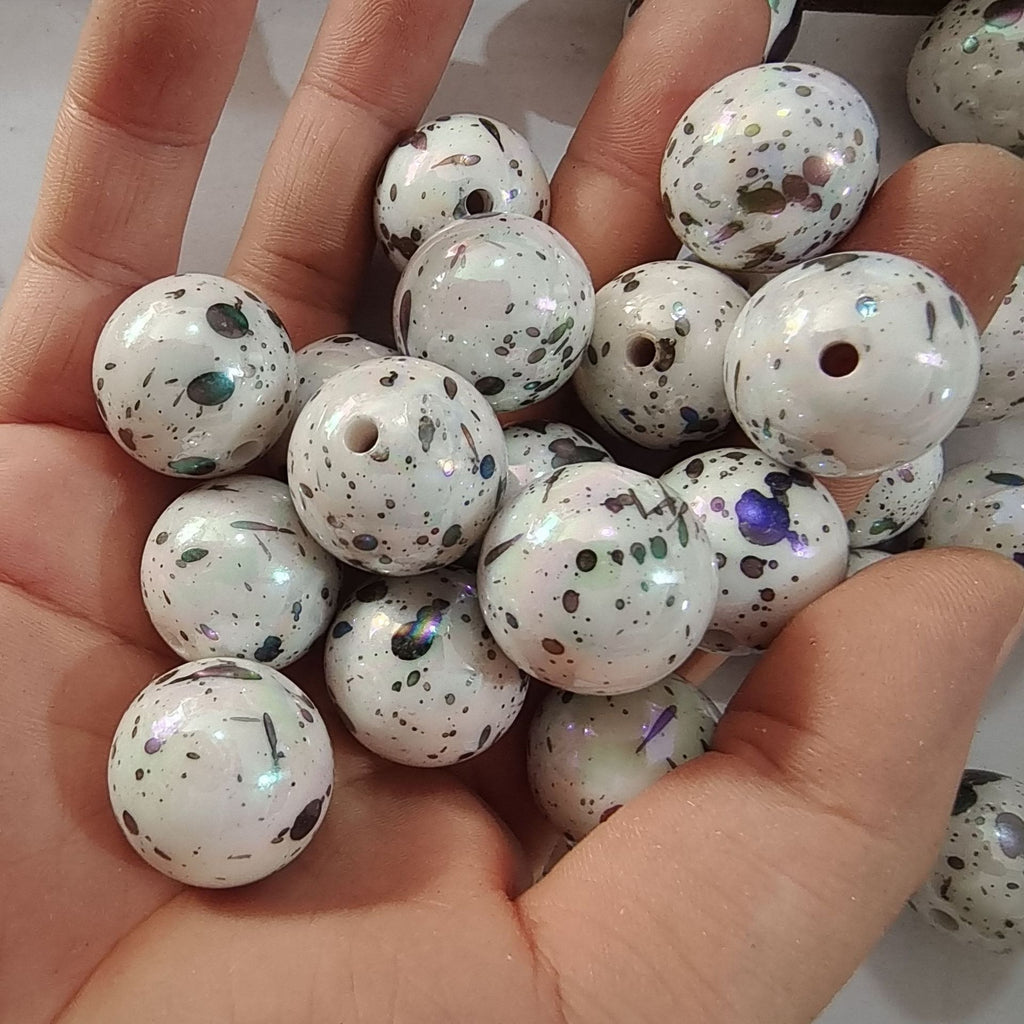 Plated Bubblegum Beads 20mm Splattered Ink Glossy White Metallic 10pcs