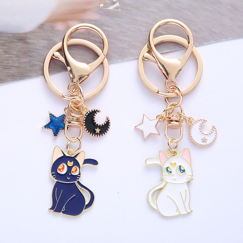 Enamel Moon Cat Keychain with Crescent Moon and Star Charm Alloy 2