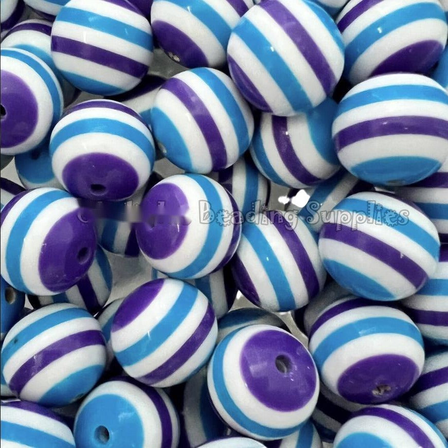 Striped Bubblegum Beads 20mm Mermaid Style Purple Blue White Chunky 10pcs