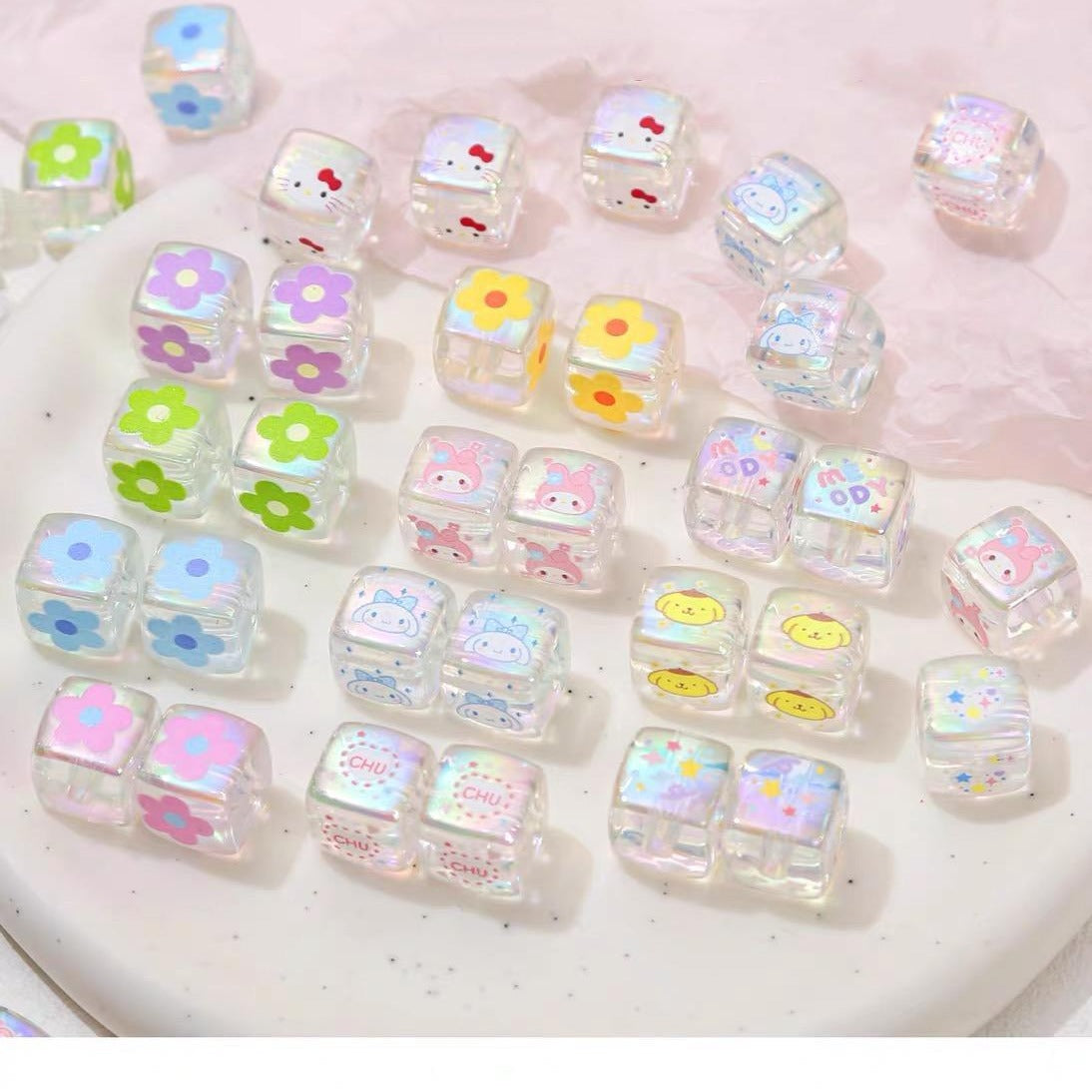 Clear Square Acrylic Beads 14mm Sanrio Cartoon Designs 10pcs