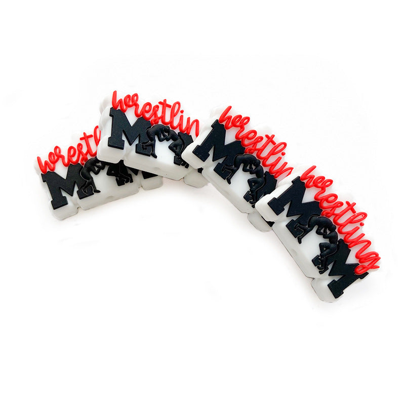 Silicone Focal Beads Wrestling Mom Red Script Black Silhouettes 10pcs 2