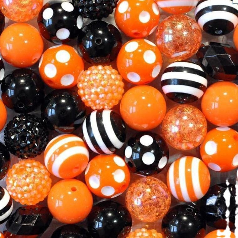 Bubblegum Beads 20mm Black Orange White Pattern Chunky Mix 50pcs 3