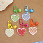 Acrylic Heart Keychain Vibrant Love Grid Checkerboard with Bell Charm