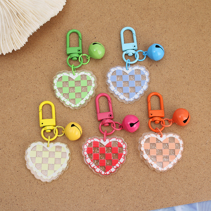 Acrylic Heart Keychain Vibrant Love Grid Checkerboard with Bell Charm