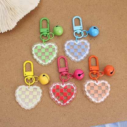 Acrylic Heart Keychain Vibrant Love Grid Checkerboard with Bell Charm