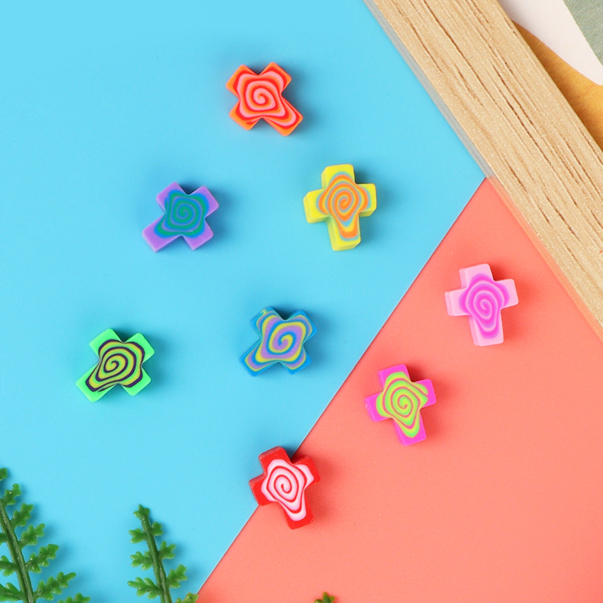 Spiral Pattern Cross Clay Beads 12mm Colorful Mixed 100pcs 4