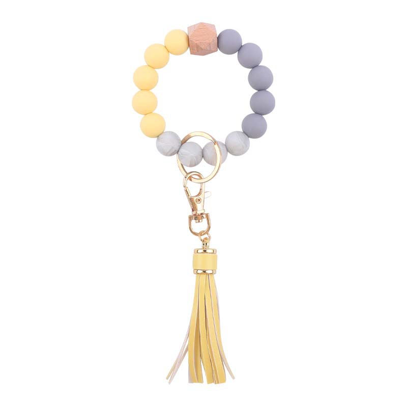Silicone Beaded Wristlet Keychain with PU Tassel and Wood Accent 17