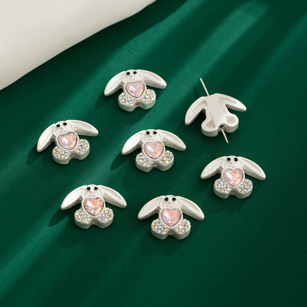 Bunny Holding Heart Rhinestone Beads 21mm Alloy Embeded 10pcs 13