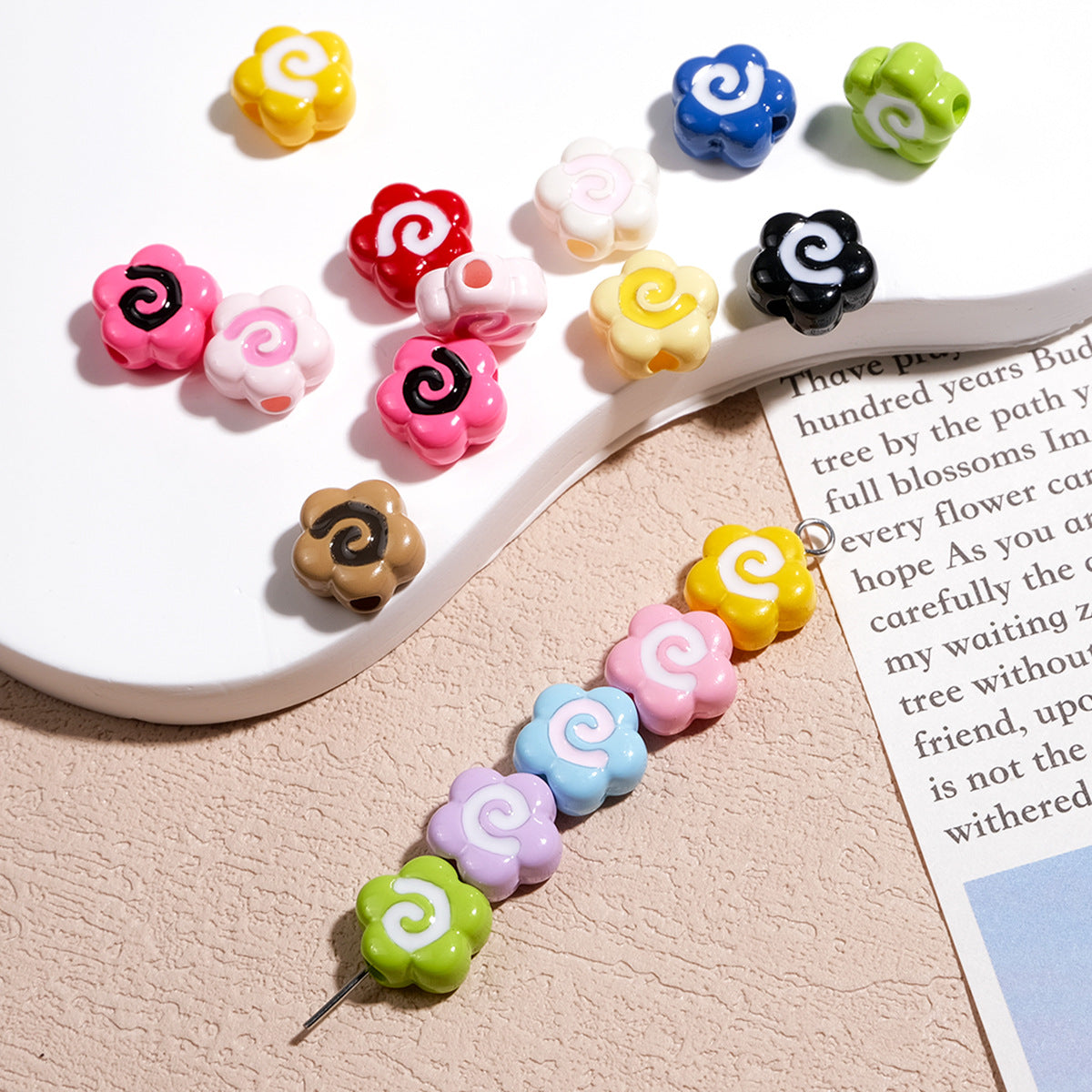 Painted Fish Cake Acrylic Beads 10mm Glossy Swirl Mixed Colors 50pcs