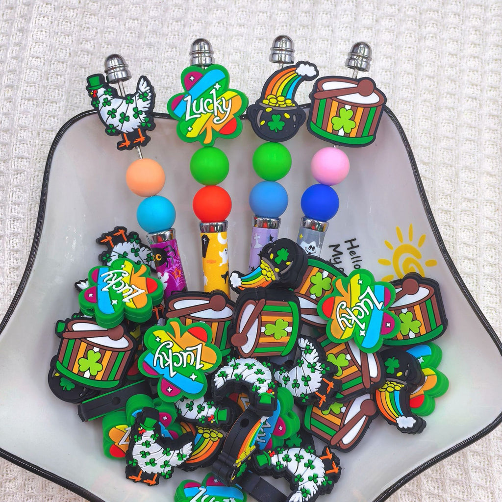 Silicone Focal Beads Lucky Grass Four Leaf Clover Rainbow Pot of Gold 20pcs 2