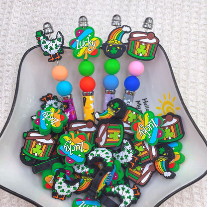 Silicone Focal Beads Lucky Grass Four Leaf Clover Rainbow Pot of Gold 20pcs 2