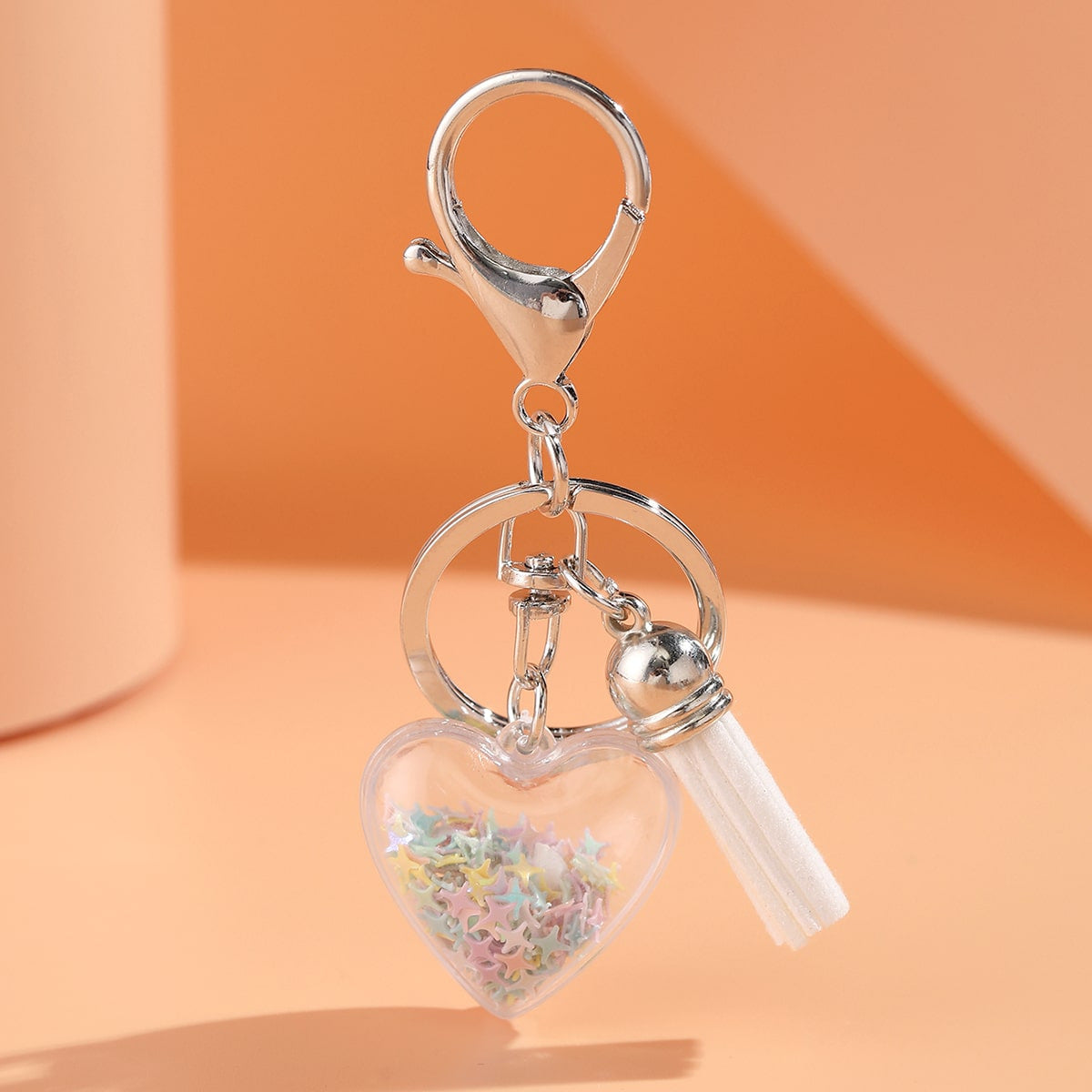 Acrylic Rainbow Pearl Heart Keychain with Pastel Beads and Green Tassel 4
