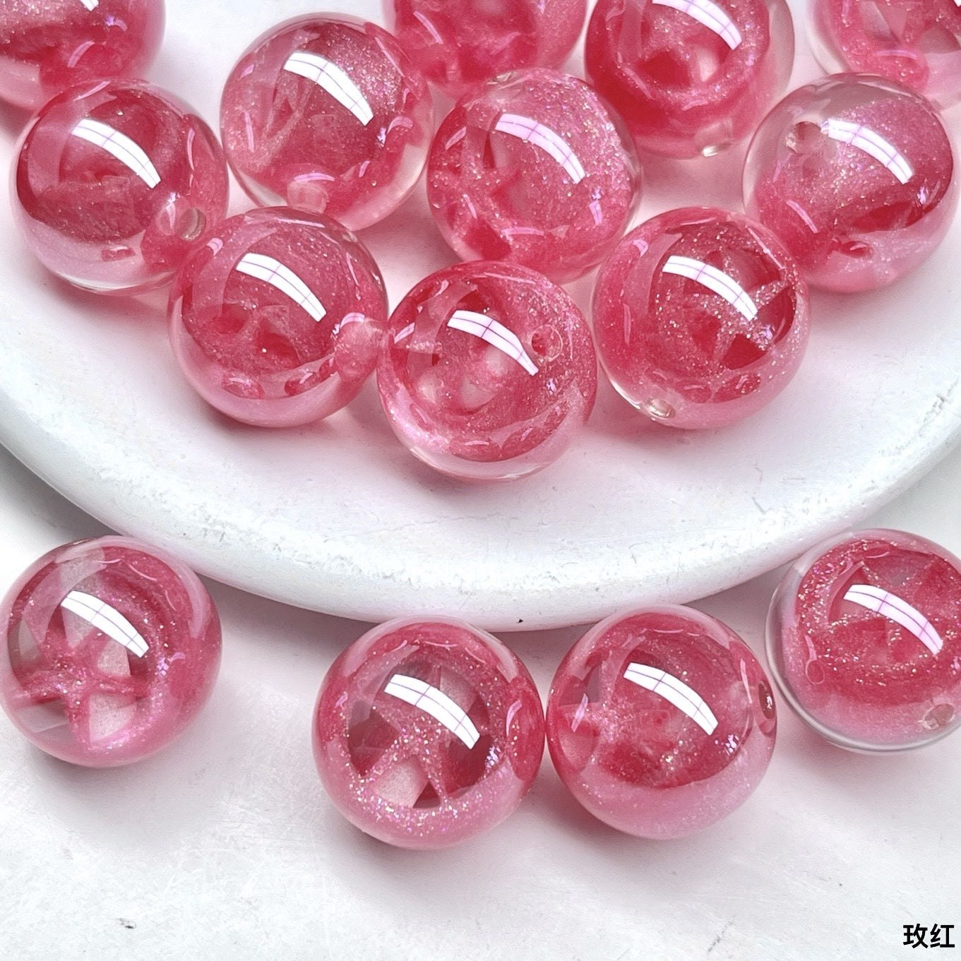 Shimmer Star Pattern Resin Round Beads 16mm Pink 10pcs 11