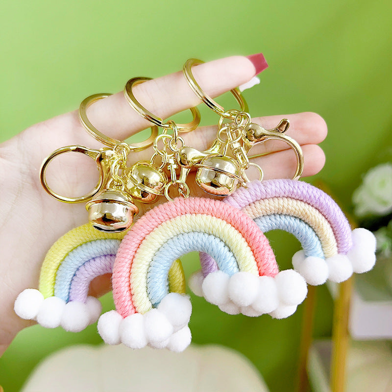 Cotton Crochet Rainbow Keychain Pastel Colors with Pom Poms 3