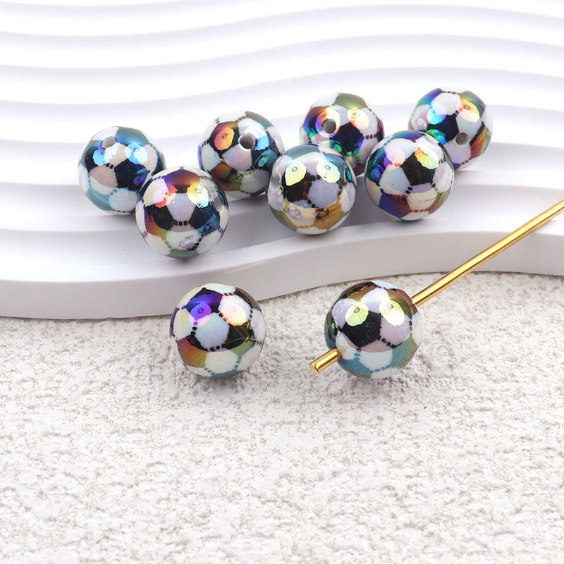 Plating Round Acrylic Beads 16mm UV Sports Ball Pattern 20pcs 8