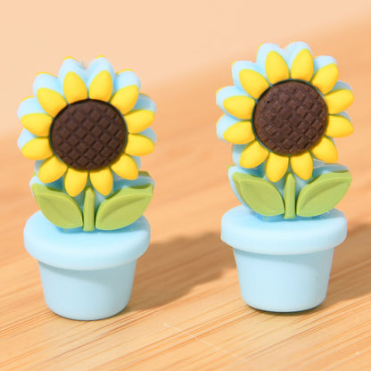 Silicone Focal Beads Sunflower Flowerpot Brown Pot Yellow Flower 20pcs 9