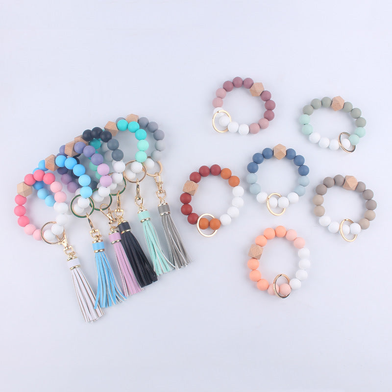 Silicone Beaded Wristlet Keychain with Wooden Beads and Leather Tassel 8cm
