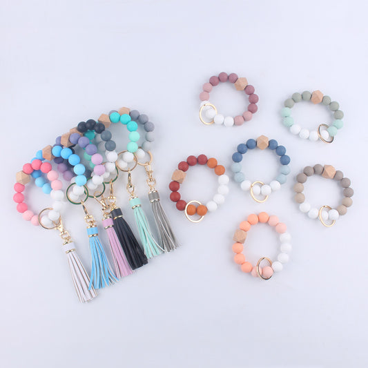 Silicone Beaded Wristlet Keychain with Wooden Beads and Leather Tassel 8cm