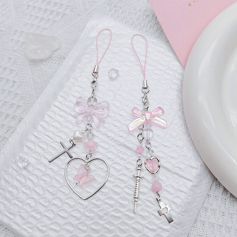 Pink Bow Phone Charm Acrylic Metal Silver Heart Beads 3pcs 2