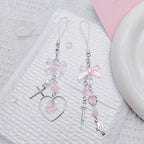 Pink Bow Phone Charm Acrylic Metal Silver Heart Beads 3pcs 2