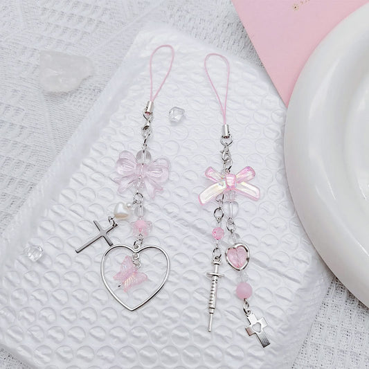 Pink Bow Phone Charm Acrylic Metal Silver Heart Beads 3pcs 2