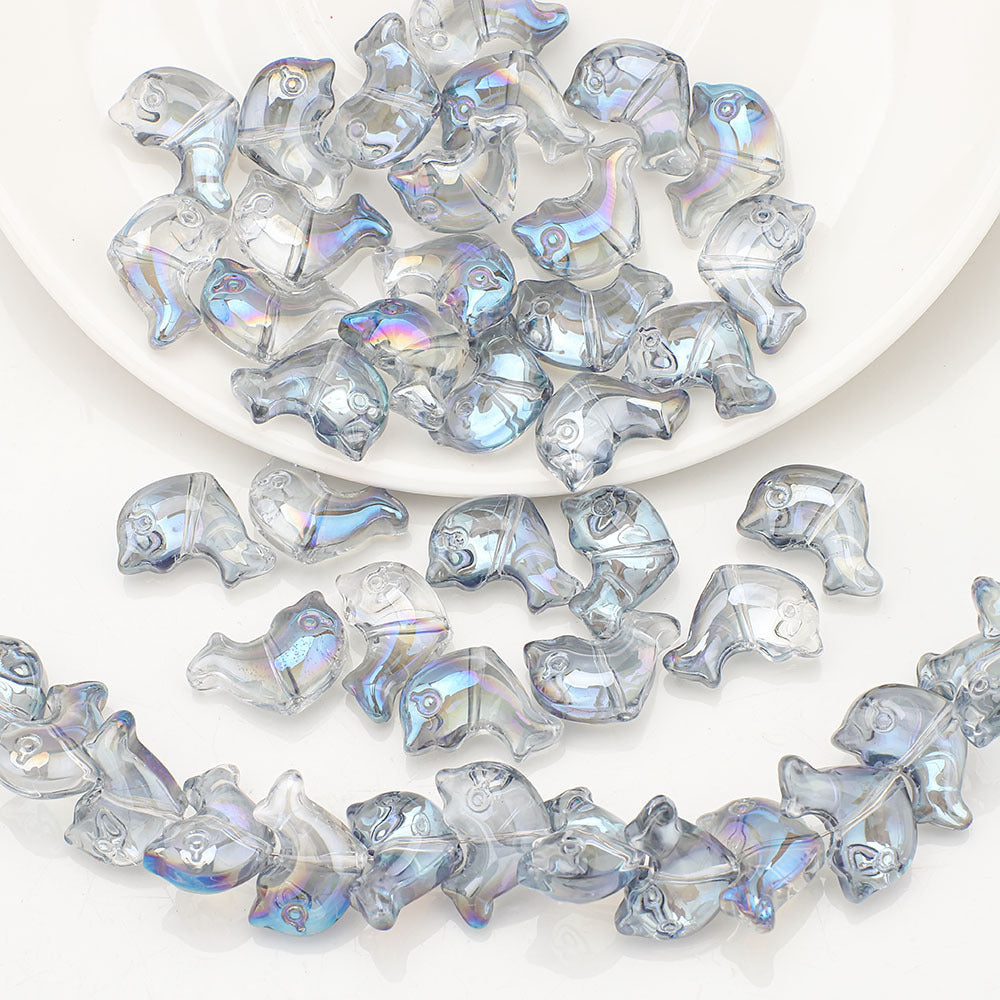Plating 3D Dolphin Glass Beads 11x16mm Iridescent Colors 30pcs 15