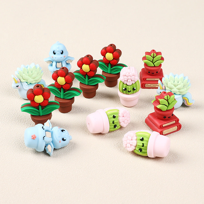 Silicone 3D Focal Beads Cactus Flower Pot 3D Red Flower Pot 20pcs