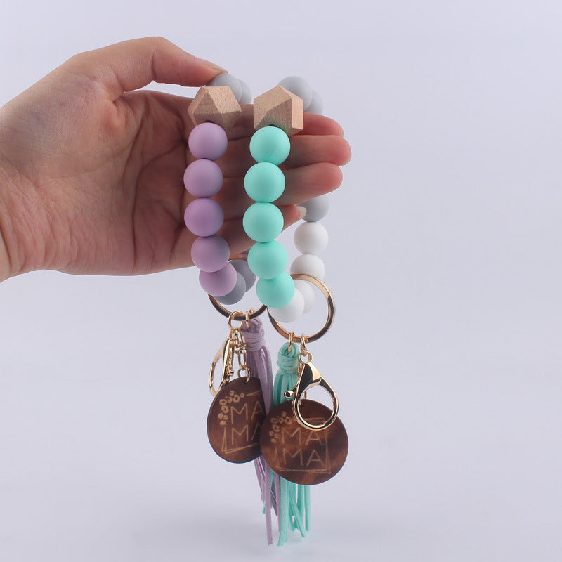 Silicone Bead Wristlet Keychain with Wood Tag and Leather Tassel MAMA 4