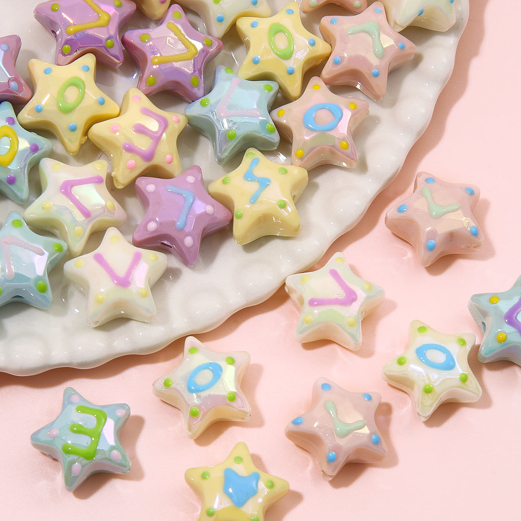 Hand Painted Star Acrylic Beads 19x12mm Pastel Letter 2pcs