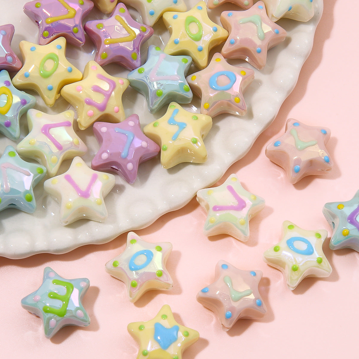 Hand Painted Star Acrylic Beads 19x12mm Pastel Letter 2pcs