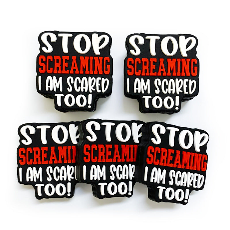 Silicone Focal Beads Stop Screaming Bold Red White Text 20pcs 4