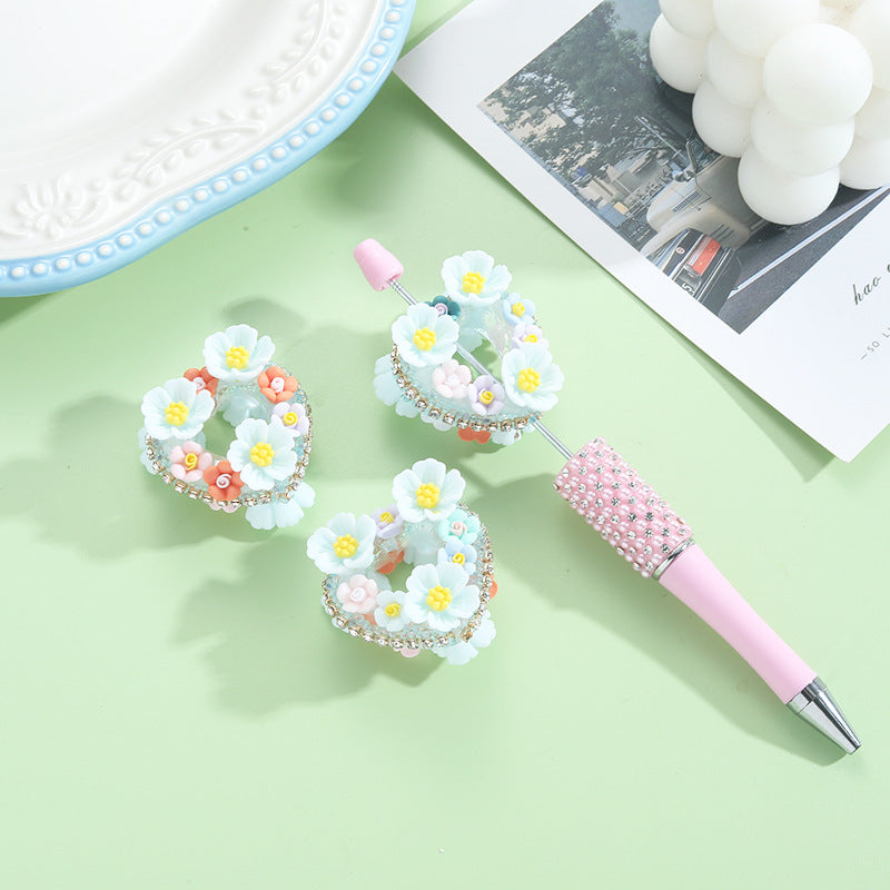 Heart Acrylic Beads 3D Flower Design Rhinestone Embellished 10pcs 9