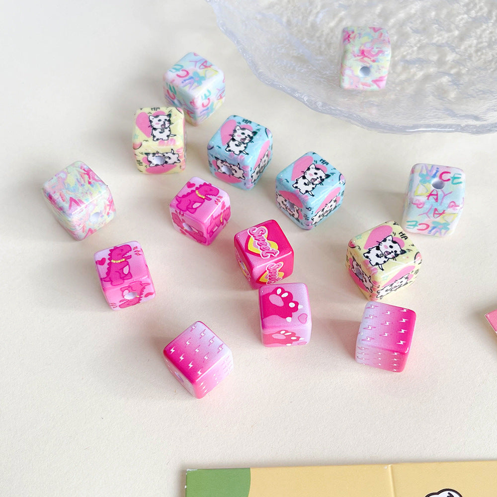 Printed Square Acrylic Beads 14-15mm Dinosaur Cat Graffiti 50pcs 2
