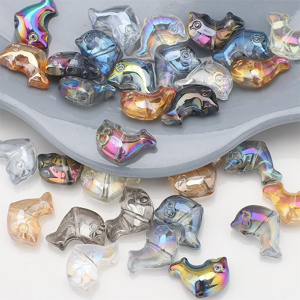 Plating 3D Dolphin Glass Beads 11x16mm Iridescent Colors 30pcs