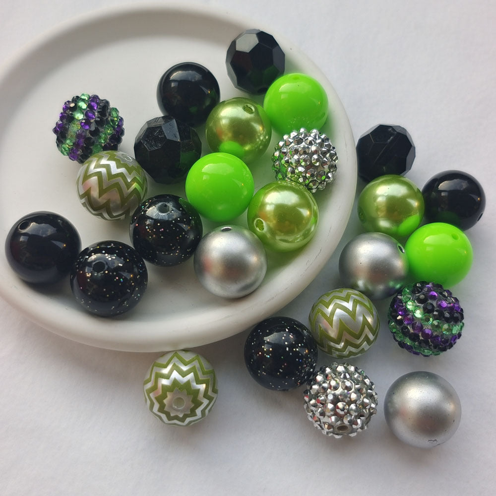 Bubblegum Beads 20mm Black Neon Green Silver Glitter Chunky Mix 50pcs 3