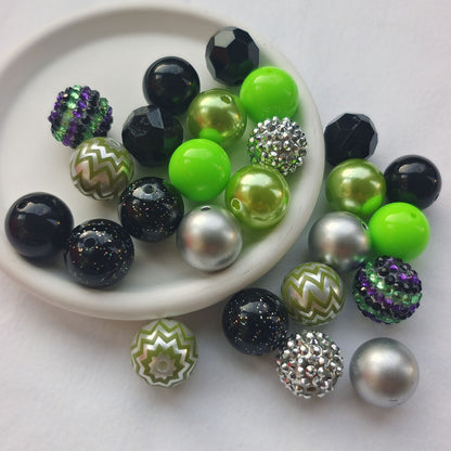 Bubblegum Beads 20mm Black Neon Green Silver Glitter Chunky Mix 50pcs 3