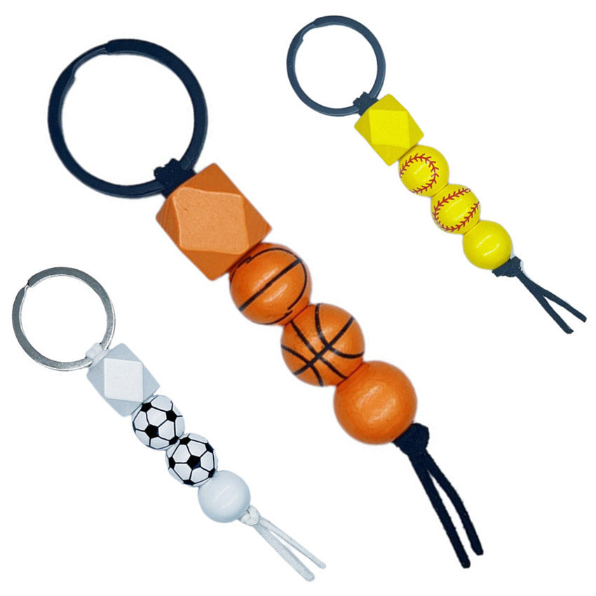 Wooden Sports Ball Beaded Keychain Colorful Handmade Design