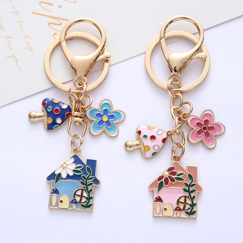 Alloy Cute House Flower Keychain Colorful Mushroom Charm